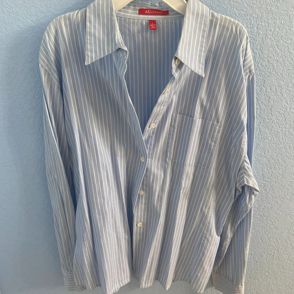 Anne Klein Blue & White Striped Women's Button-Down, Size L